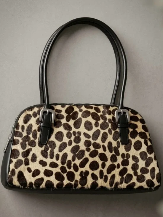 EXPRESS || Vintage Leopard Print Zip Handbag – Faux Fur Calf Hair Satchel - Picture 1 of 5
